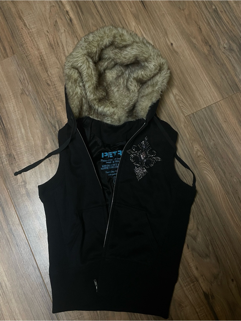 black rhinestone hoodie vest with faux fur hood